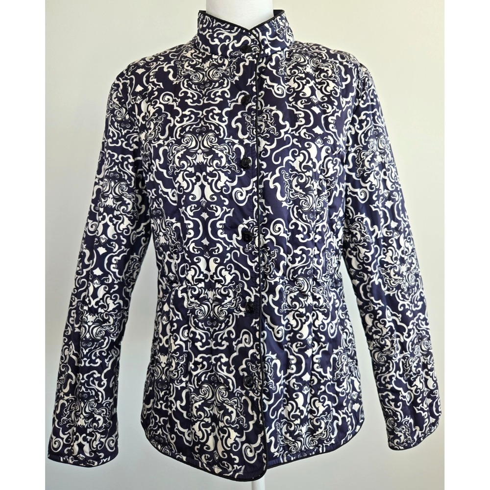 Floral Quited Jacket Long Sleeves Mock Neck Button Closure Blue White Sz M